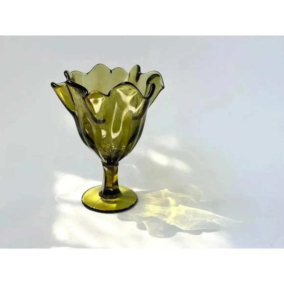 MCM Avocado Green Ruffled Blown Glass Pedestal Compote Candy Dish | Bowl - Picture 1 of 10